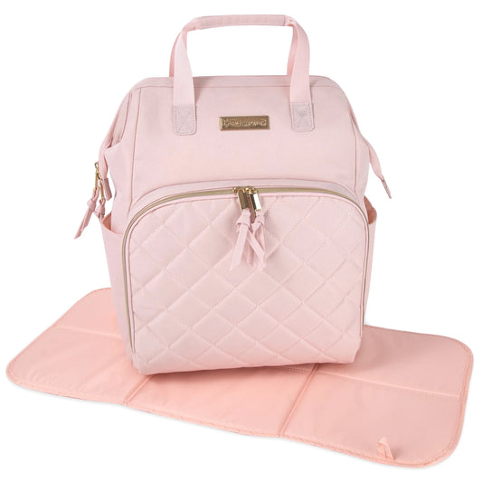 Super Cooler Main Frame Dual Zipper Closure Diaper Bag Backpack Tote with Matching 6-Ply Changing Pad, Insulated Bottle Pockets, Stroller Straps and Pacifier Pouch in Mauve Pink