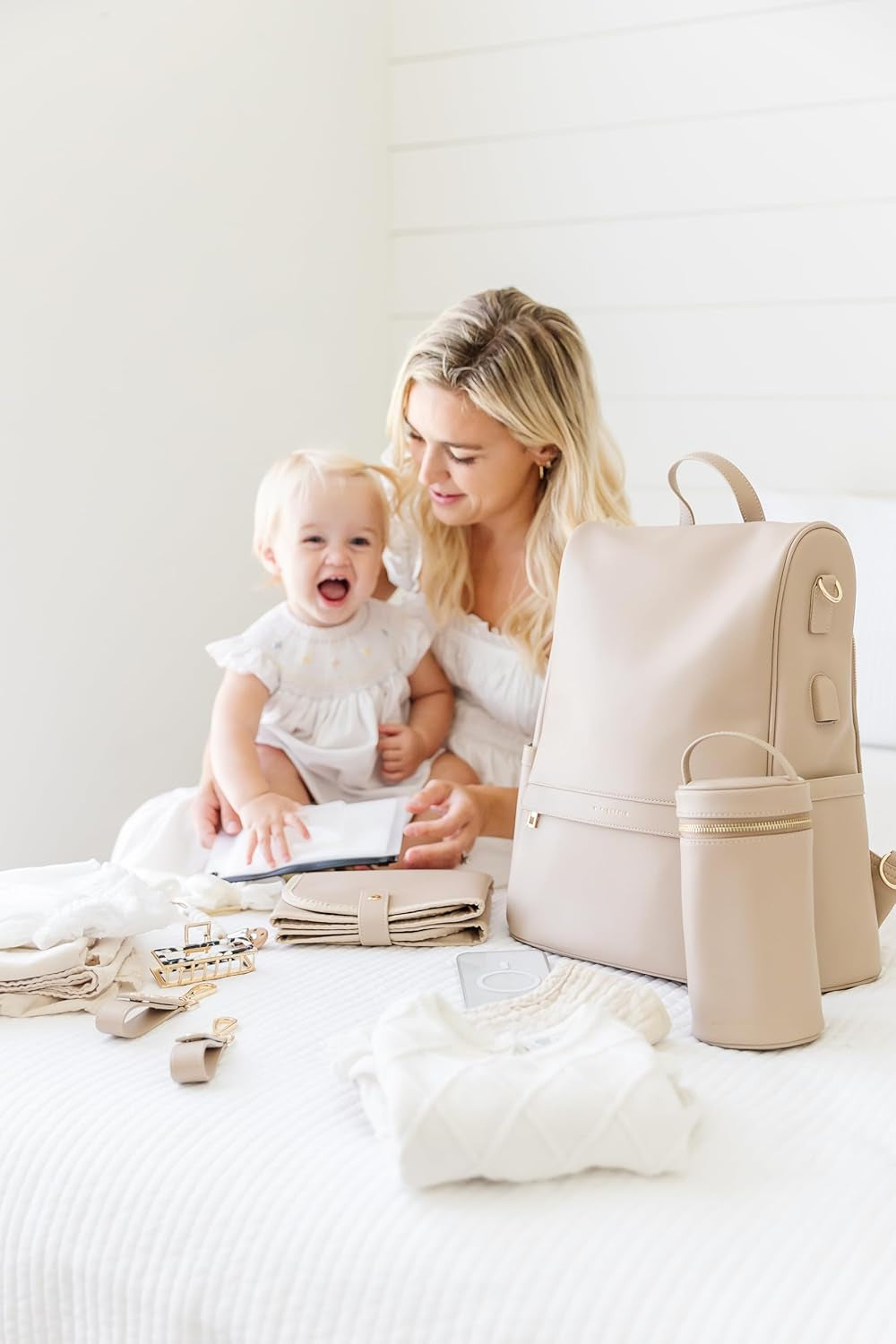 Leather Diaper Bag Backpack with USB Charging Port, Changing Pad, Stroller Straps, and Bottle Holder (Beige Mia)