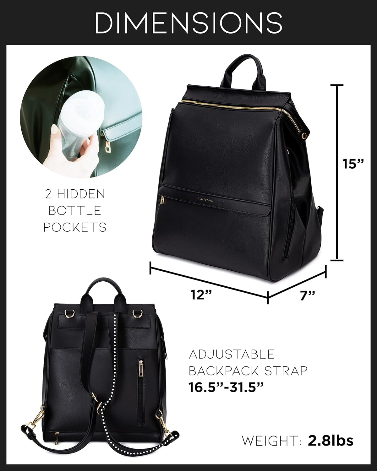 Leather Diaper Bag Backpack with USB Charging Port, Changing Pad, Stroller Straps, and Bottle Holder (Black Sophia)