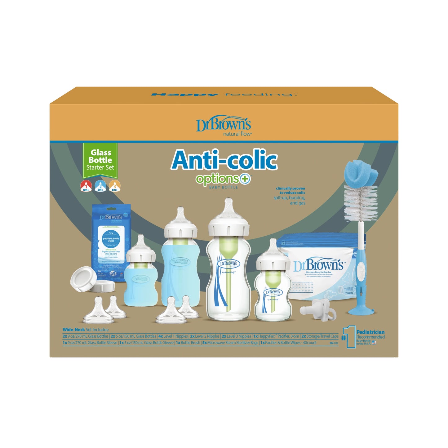 Anti-Colic Options+ Wide-Neck Glass Baby Bottle & Happypaci Starter Set, BPA Free, 0M+