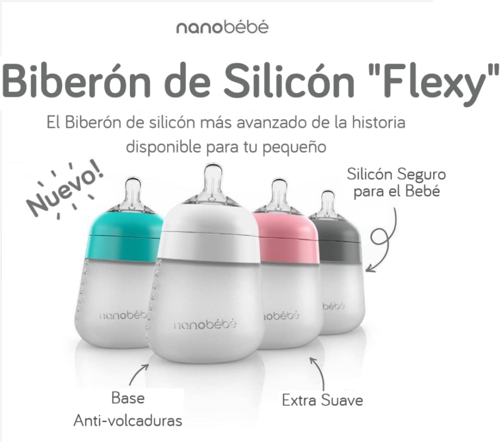 Nanobébé Flexy Silicone Baby Bottle, Anti-Colic, Natural Feel, Non-Collapsing Nipple, Non-Tip Stable Base, Easy to Clean, 3-Pack, Gray, 9oz