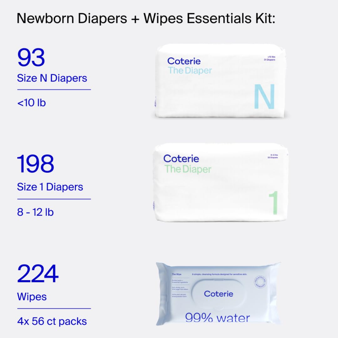 Coterie Baby Wipes + Diapers Kit, Size 1 (198 Count) & Size Newborn Diapers (93 Count), 4 Pack (224) Wipes with 99% Water, Plant Based Materials, Hypoallergenic for Sensitive Skin, Baby Essentials