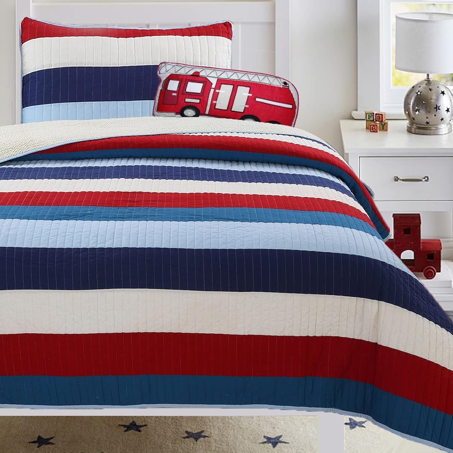 Aaron Bedding Quilt Set, Nautical Navy Blue Red Off-White Striped 100% Cotton Reversible Coverlet Bedspread Bedding Set (National Stripe, Twin - 2 Piece)