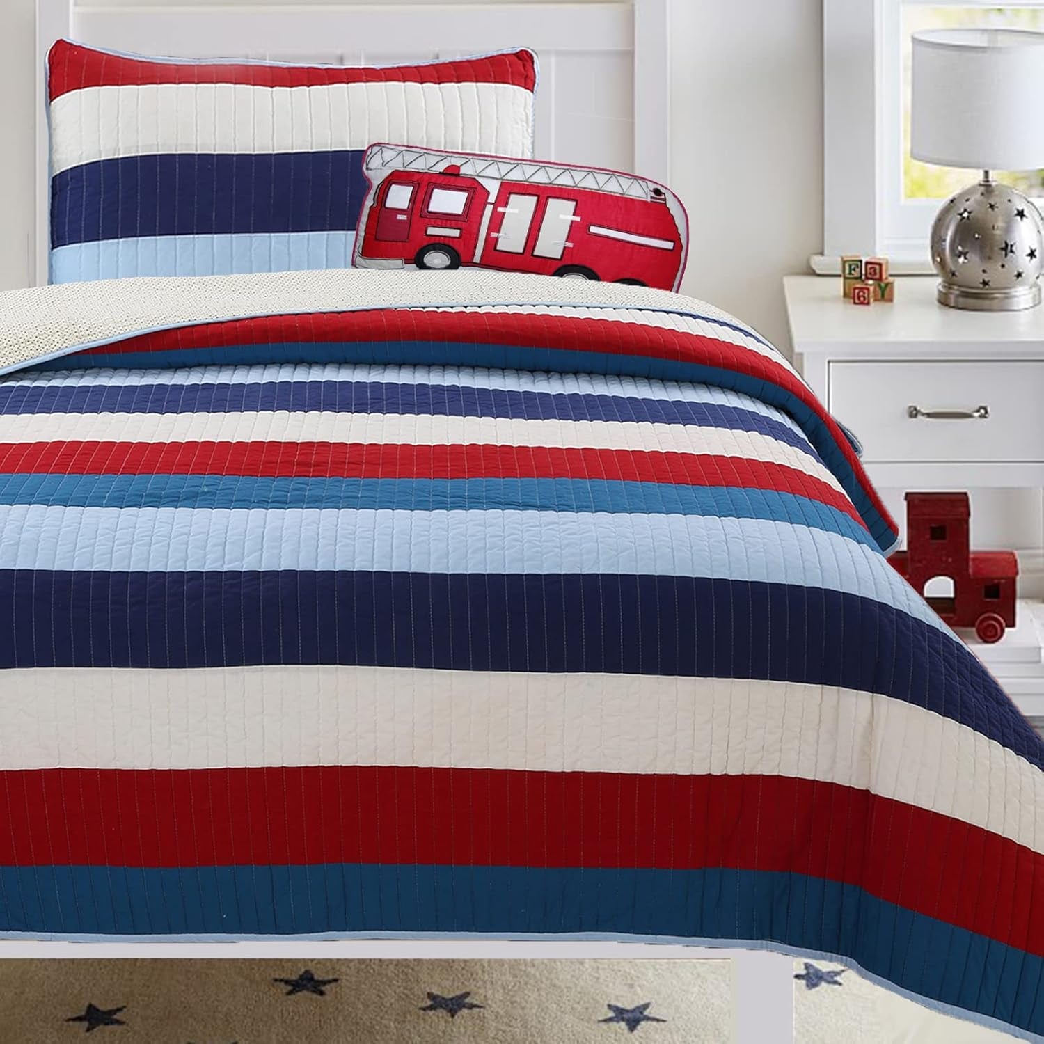 Aaron Bedding Quilt Set, Nautical Navy Blue Red Off-White Striped 100% Cotton Reversible Coverlet Bedspread Bedding Set (National Stripe, Twin - 2 Piece)
