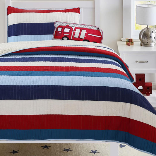 Aaron Bedding Quilt Set, Nautical Navy Blue Red Off-White Striped 100% Cotton Reversible Coverlet Bedspread Bedding Set (National Stripe, Twin - 2 Piece)
