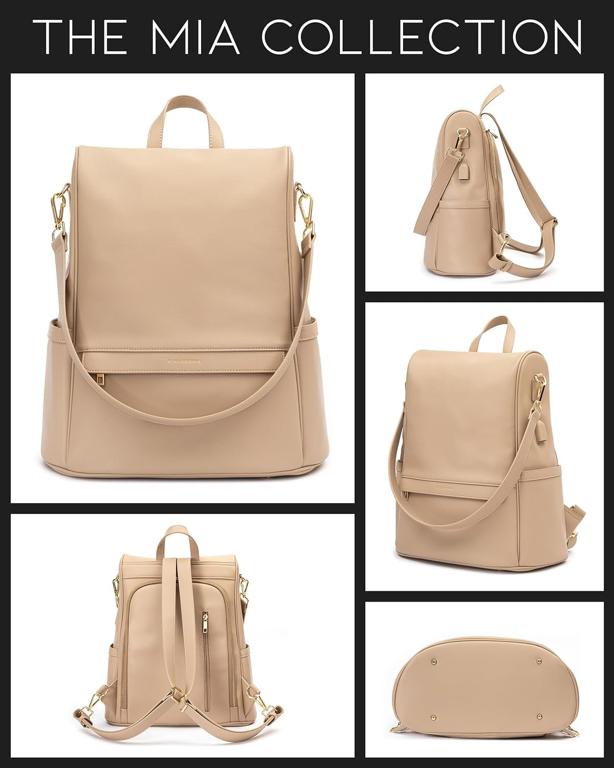 Leather Diaper Bag Backpack with USB Charging Port, Changing Pad, Stroller Straps, and Bottle Holder (Beige Mia)