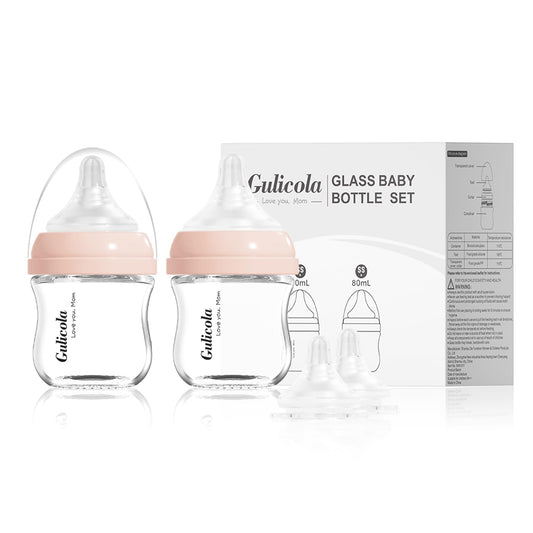 Natural Glass Baby Bottle for Breastfeeding Babies, Newborn Anti-Colic Bottle Set with Slow Flow Nipple, 0-3 Months, 5 oz, 2 Pack - Pink