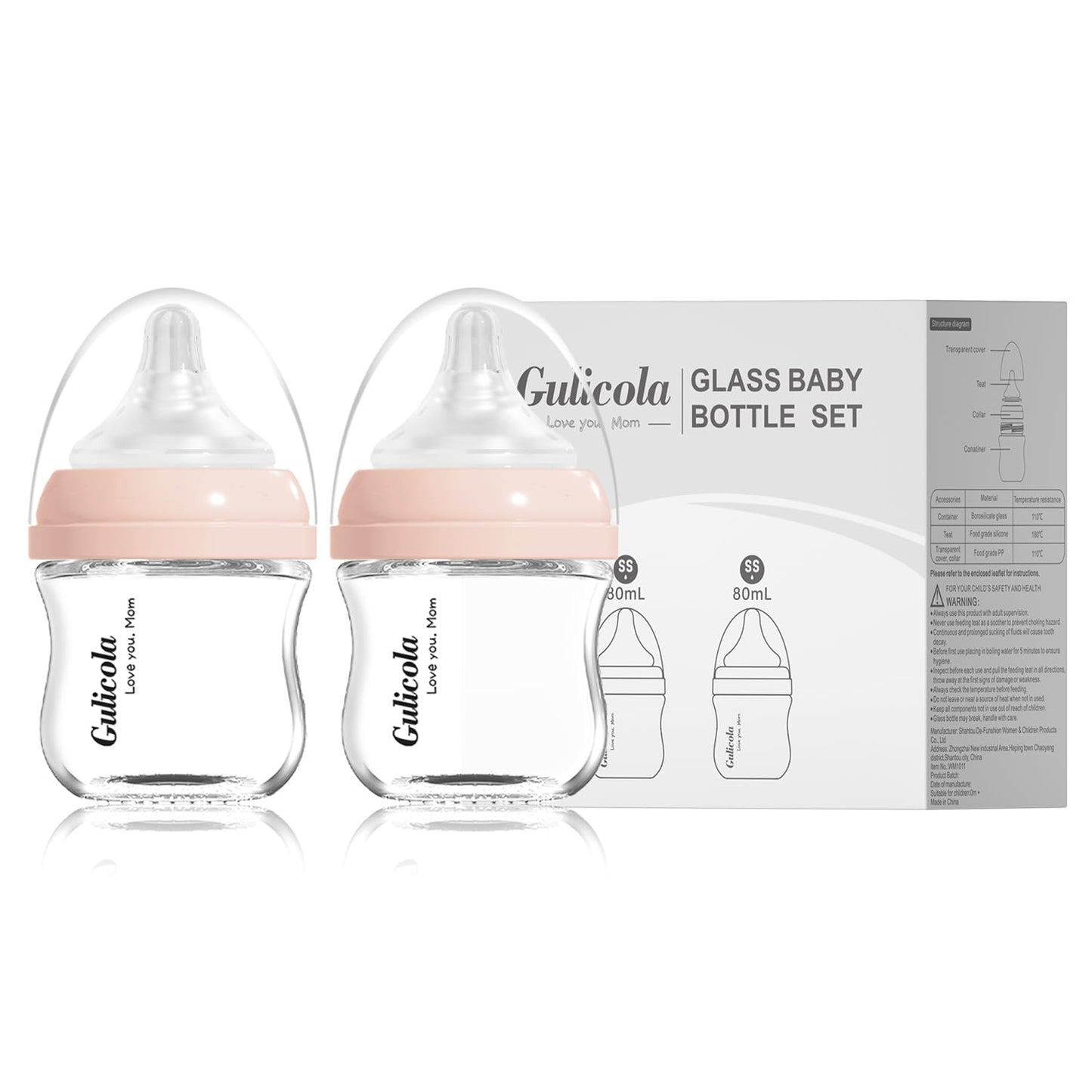 Natural Glass Baby Bottle for Breastfeeding Babies, Newborn Anti-Colic Bottle Set with Slow Flow Nipple, 0-3 Months, 5 oz, 2 Pack - White
