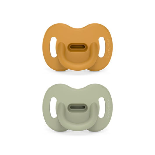 Color Essence SX PRO Silicone Baby Pacifier 2Pk, Made with 100% Soft Silicone, Baby Essentials Perfect for Breastfeeding Babies, Designed in Spain, 0-6 Mths, Mustard/Blue