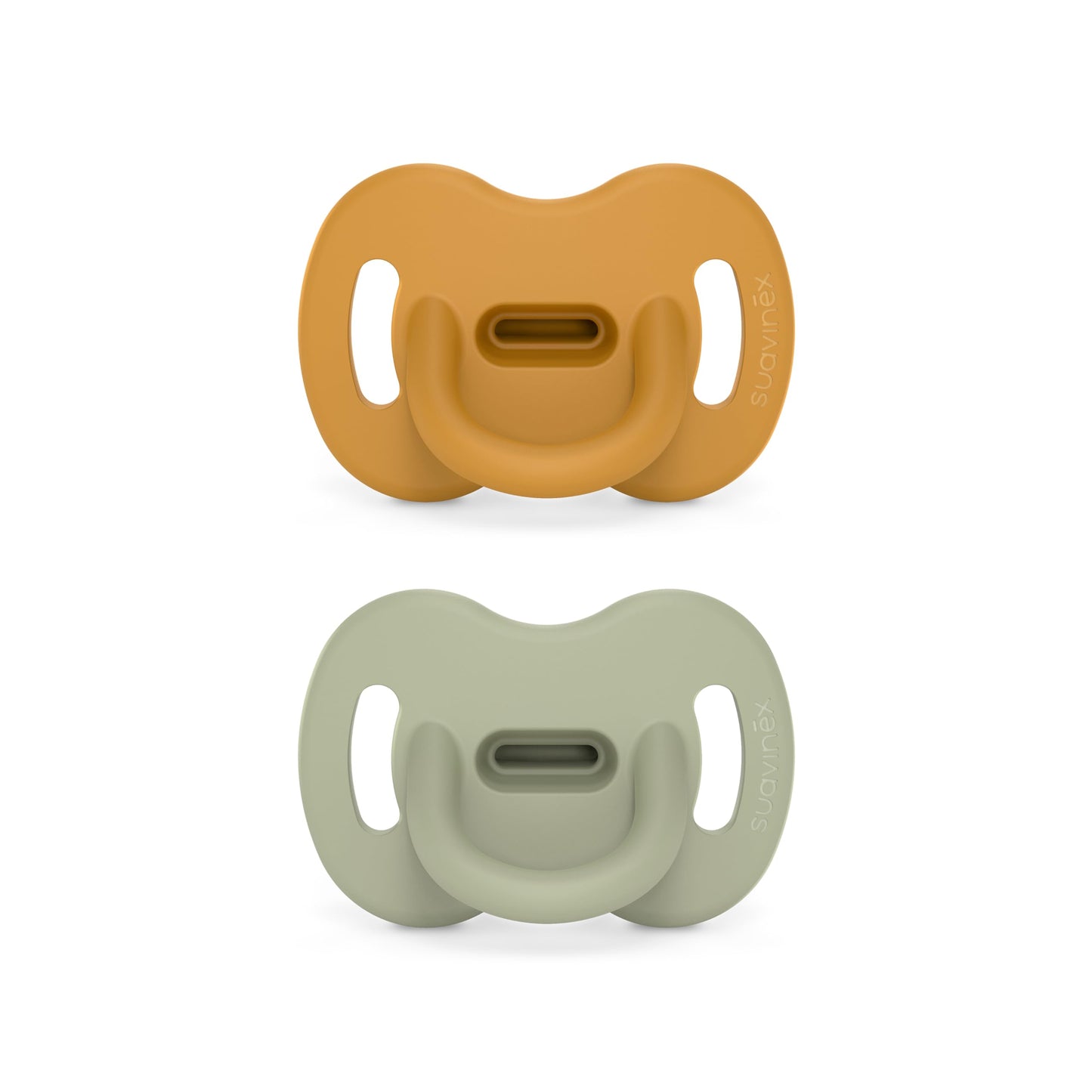 Color Essence SX PRO Silicone Baby Pacifier 2Pk, Made with 100% Soft Silicone, Baby Essentials Perfect for Breastfeeding Babies, Designed in Spain, 0-6 Mths, Mustard/Blue