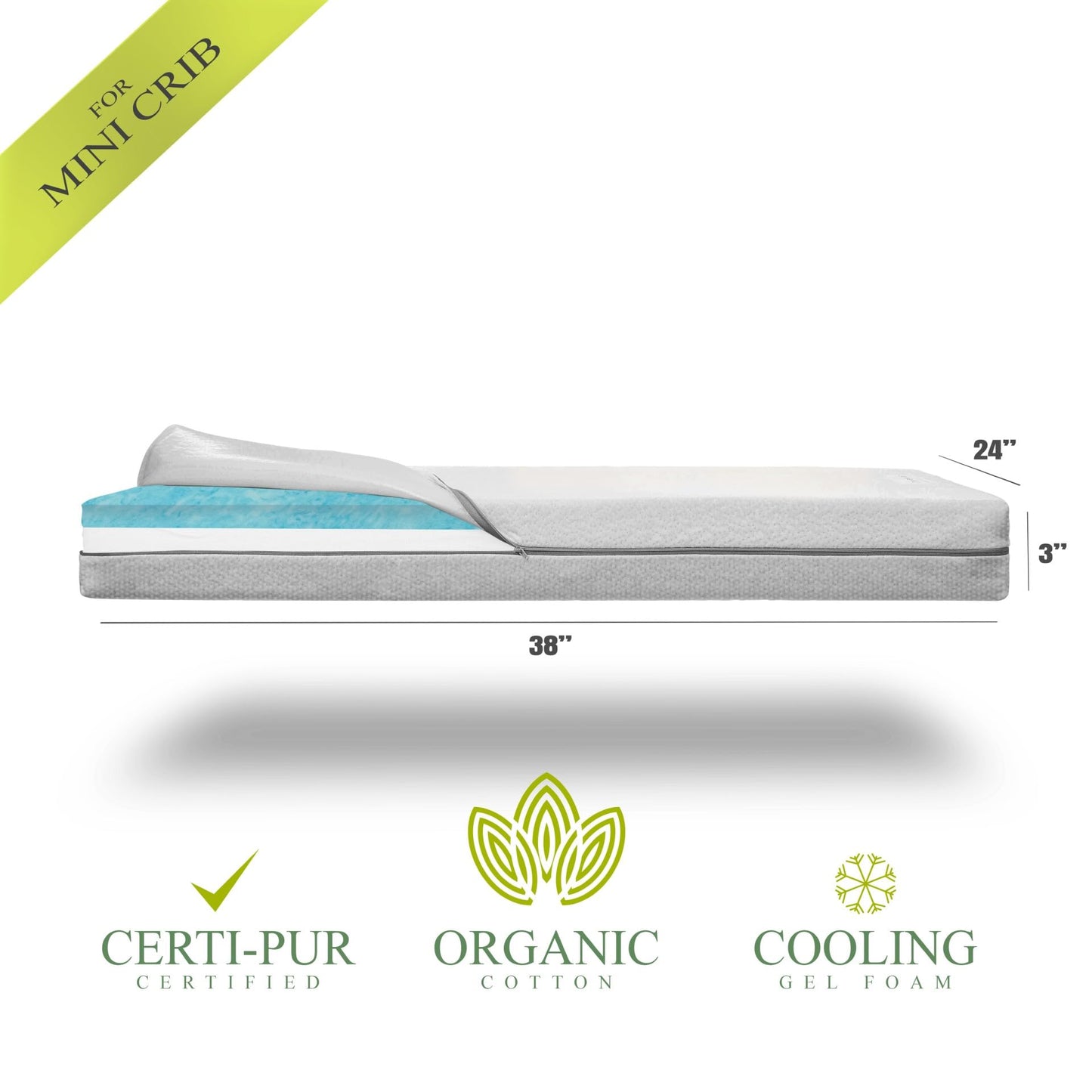 Organic Cotton Dual-Sided Mini Crib Mattress, 38x24x3 Premium Memory Foam 2-Stage CertiPUR-US Hypoallergenic Baby Mattress Firm Support for Infant Cooling Gel for Toddler Waterproof & Washable Cover