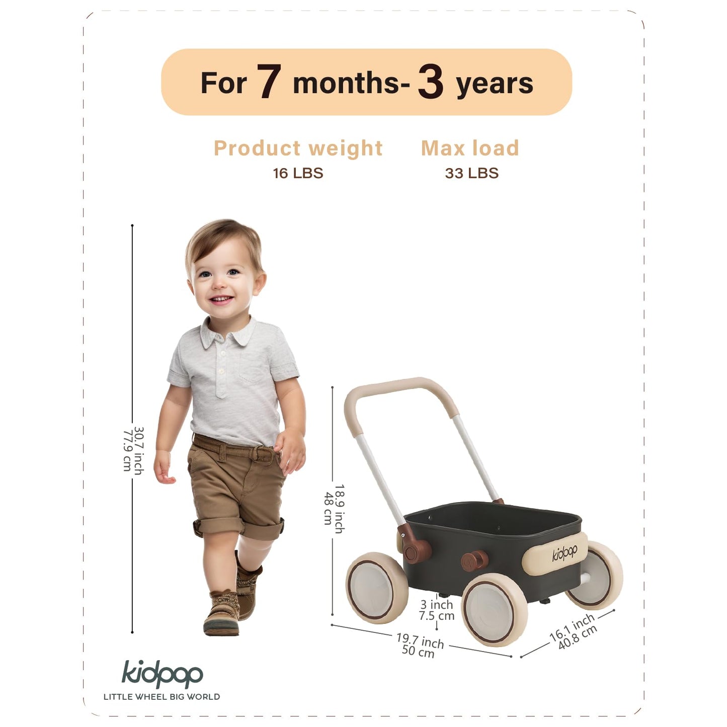 PULA Baby Push Walker with Wheels Toddler Wagon for First Learner Baby Toys 6-12 Months, 1 Year Old Birthday Gifts, Indoors and Outdoors (Black)