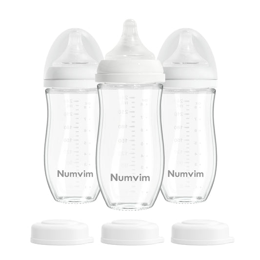 Natural Glass Baby Bottles for Breastfeeding Babies, Baby Essentials, Without Lead Body, Gentle Medium Flow, Wide Neck Bottle with Anti Colic Nipple for 3 Months Babies, 3 Packs (Yellow, 8oz)