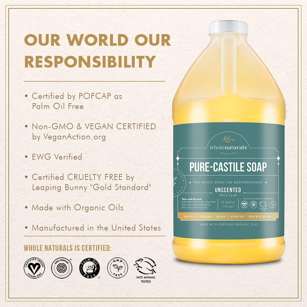 Pure Castile Soap Liquid, EWG Verified & Certified Palm Oil Free Unscented