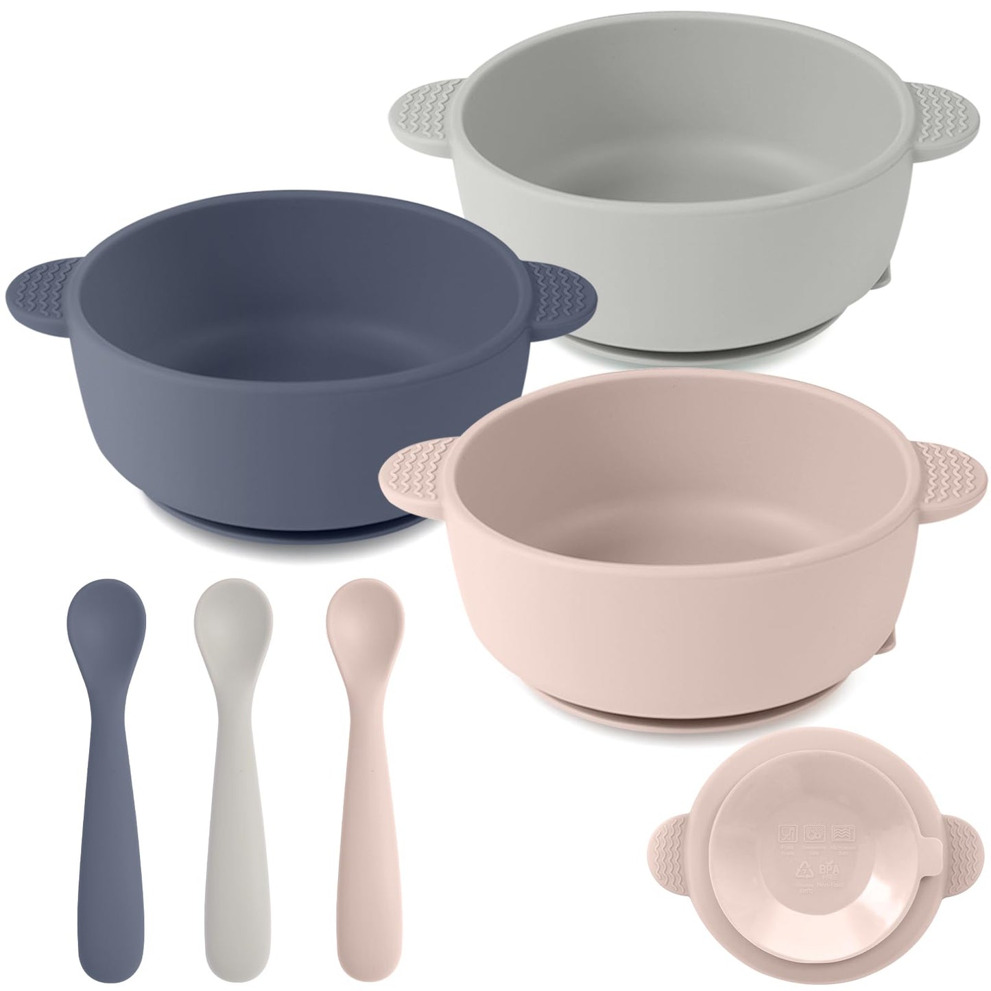 Silicone Baby Feeding Set, 3 Pack Baby Bowls with Suction and 3 Pack Baby Spoons