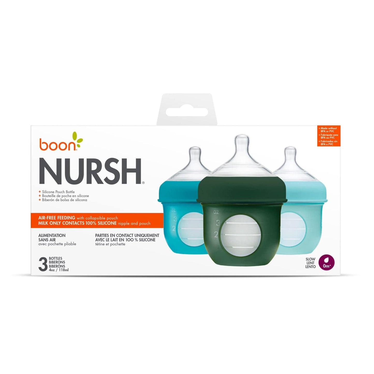 Boon Nursh Reusable Silicone Pouch Baby Bottles - Medium Flow Nipple - Silicone Baby Bottle Pouch and Nipple - Baby Feeding Essentials - Pink - 3-6 Months - 3 Count - 8 Ounce
