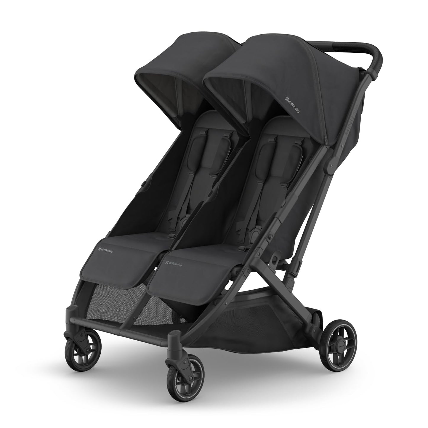 UPPAbaby Minu Duo Side-by-Side Double Stroller - Lightweight + Compact Design for Travel - Easy Fold- From Birth to Toddler - Independent Recline -Greyson(Charcoal Mélange/Carbon Frame/Saddle Leather)