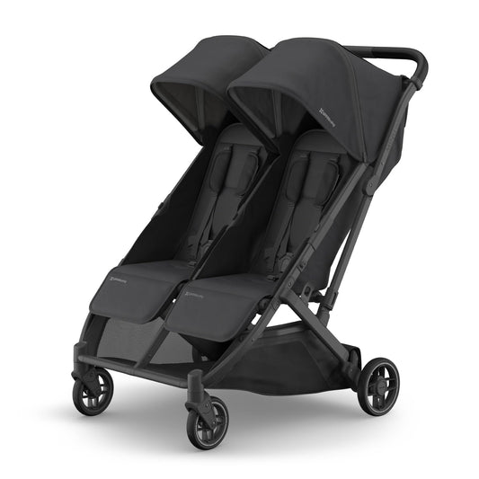 UPPAbaby Minu Duo Side-by-Side Double Stroller - Lightweight + Compact Design for Travel - Easy Fold- From Birth to Toddler - Independent Recline -Greyson(Charcoal Mélange/Carbon Frame/Saddle Leather)