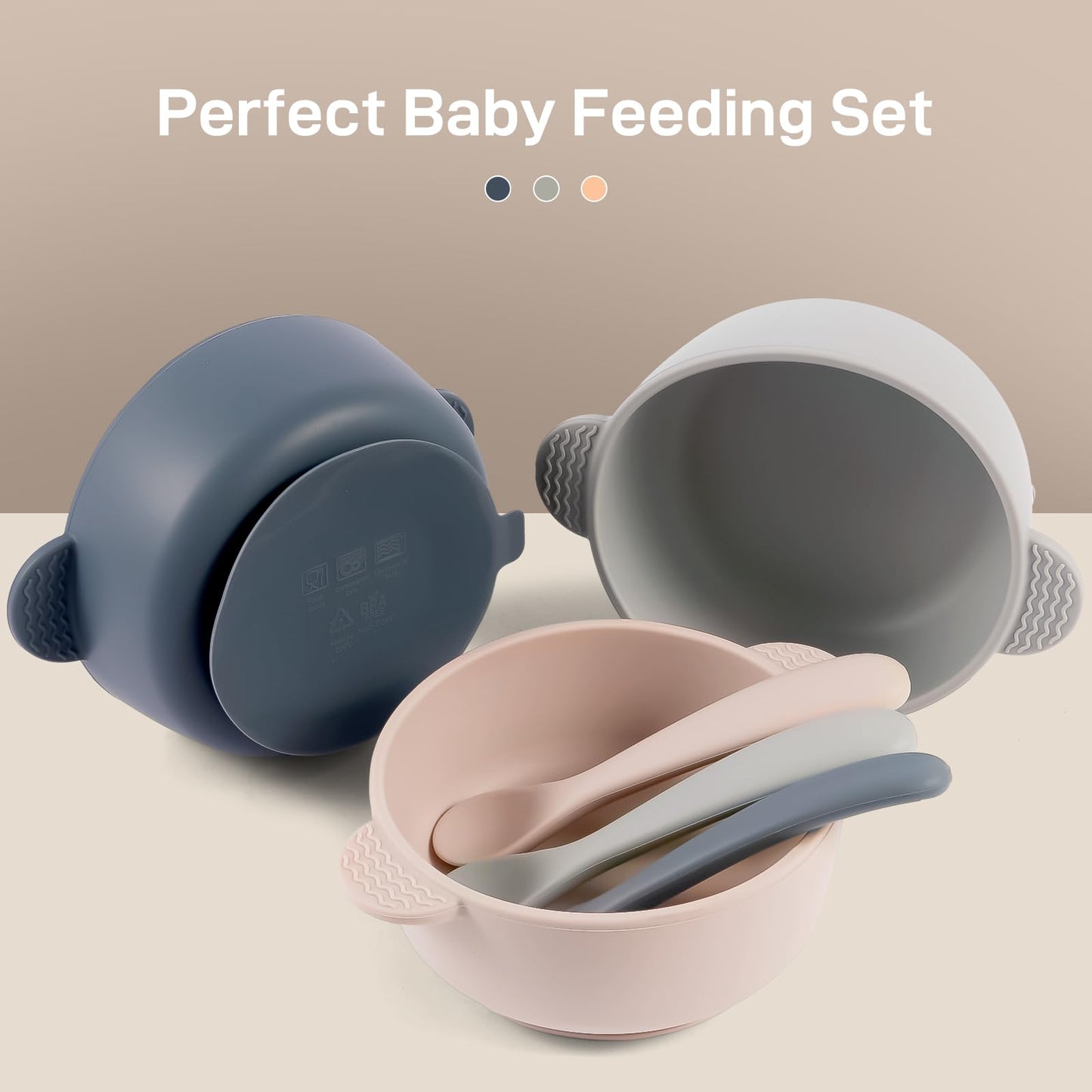Silicone Baby Feeding Set, 3 Pack Baby Bowls with Suction and 3 Pack Baby Spoons