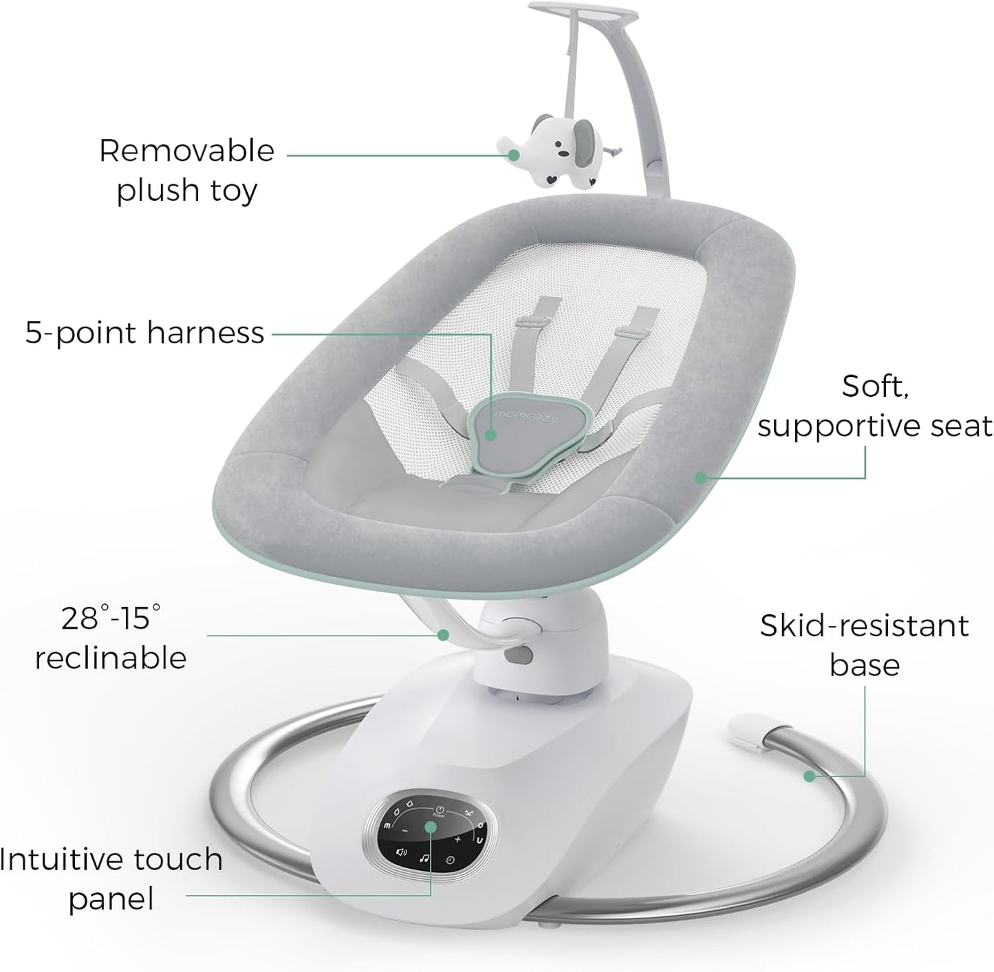 Momcozy CocoSway 3D-Motion Baby Swing for Infants to Toddlers, 6 Motion Modes & 4 Speeds, 180° Rotating Seat, Remote Control, Reclining Seat with 5-Point Harness, 8 Preset Lullabies, Grey