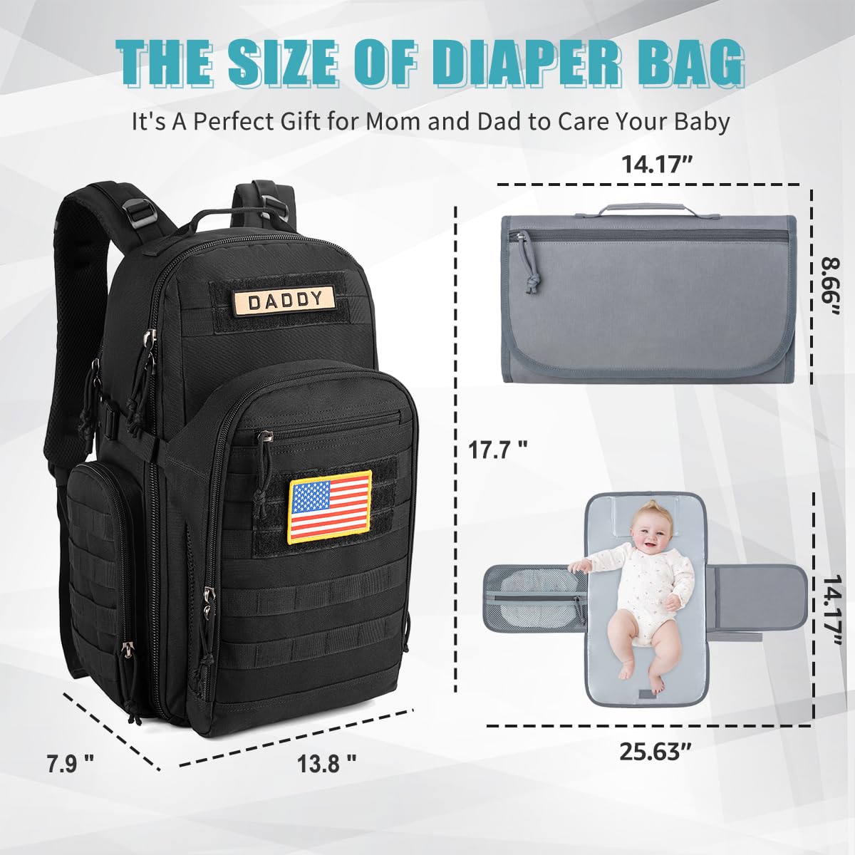 SHARKMOUTH Dad Diaper Bag Backpack - Military Baby Gear Backpacks with Daddy Patches Black