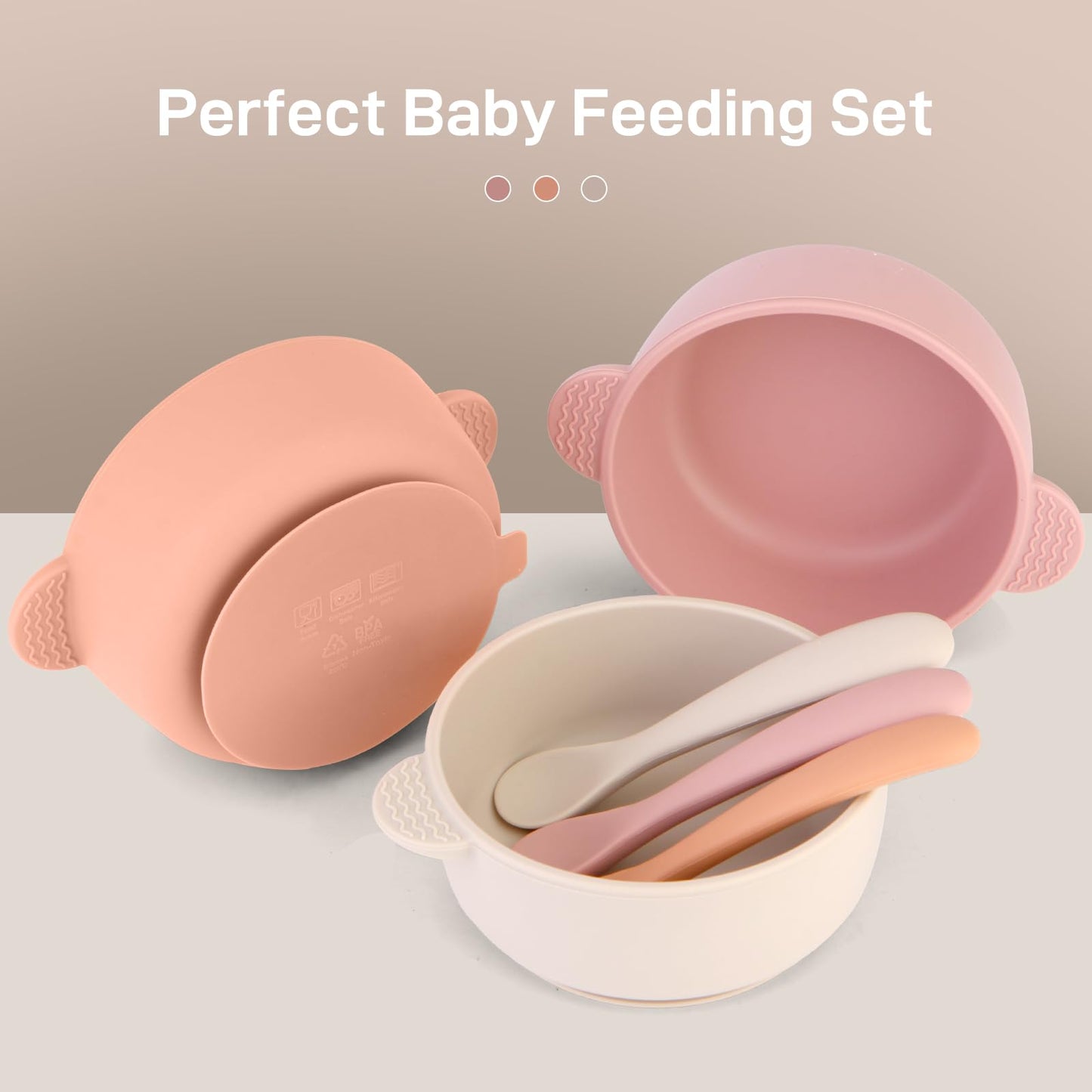 Silicone Baby Feeding Set, 3 Pack Baby Bowls with Suction and 3 Pack Baby Spoons