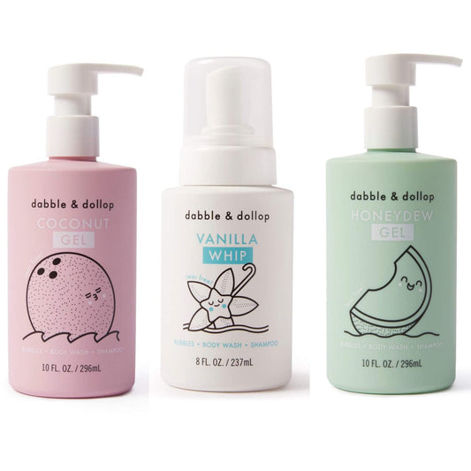 Dabble & Dollop Beachy Bundle, Natural Bubble Bath, Body Wash, Shampoo for Kids, USA-Made, Paraben & Sulfate Free, Vegan, Gluten-Free, Tear-Free, Honeydew Melon, Vanilla & Coconut (Set of 3)
