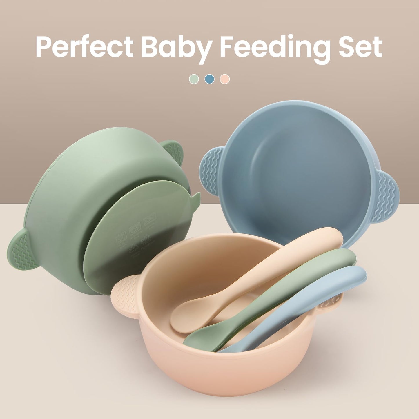Silicone Baby Feeding Set, 3 Pack Baby Bowls with Suction and 3 Pack Baby Spoons