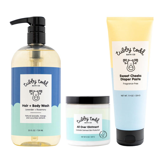 TUBBY TODD Baby Bundle Newborn Skin Care Set - Hypoallergenic Hair + Body Wash, All Over Ointment with Colloidal Oatmeal, Sweet Cheeks Diaper Paste - Fragrance Free, Standard Size