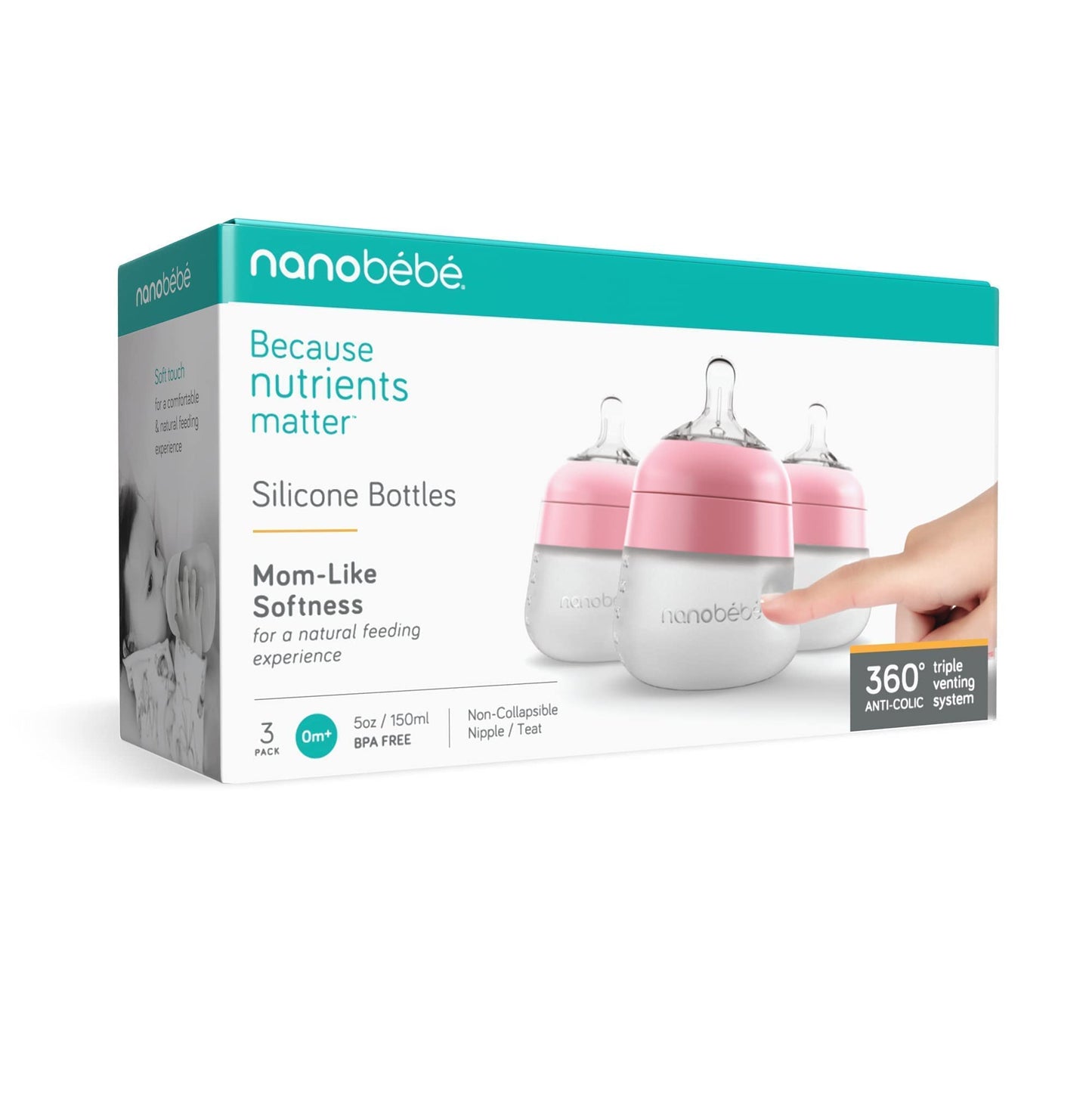 Nanobébé Flexy Silicone Baby Bottle, Anti-Colic, Natural Feel, Non-Collapsing Nipple, Non-Tip Stable Base, Easy to Clean, 3-Pack, Gray, 9oz