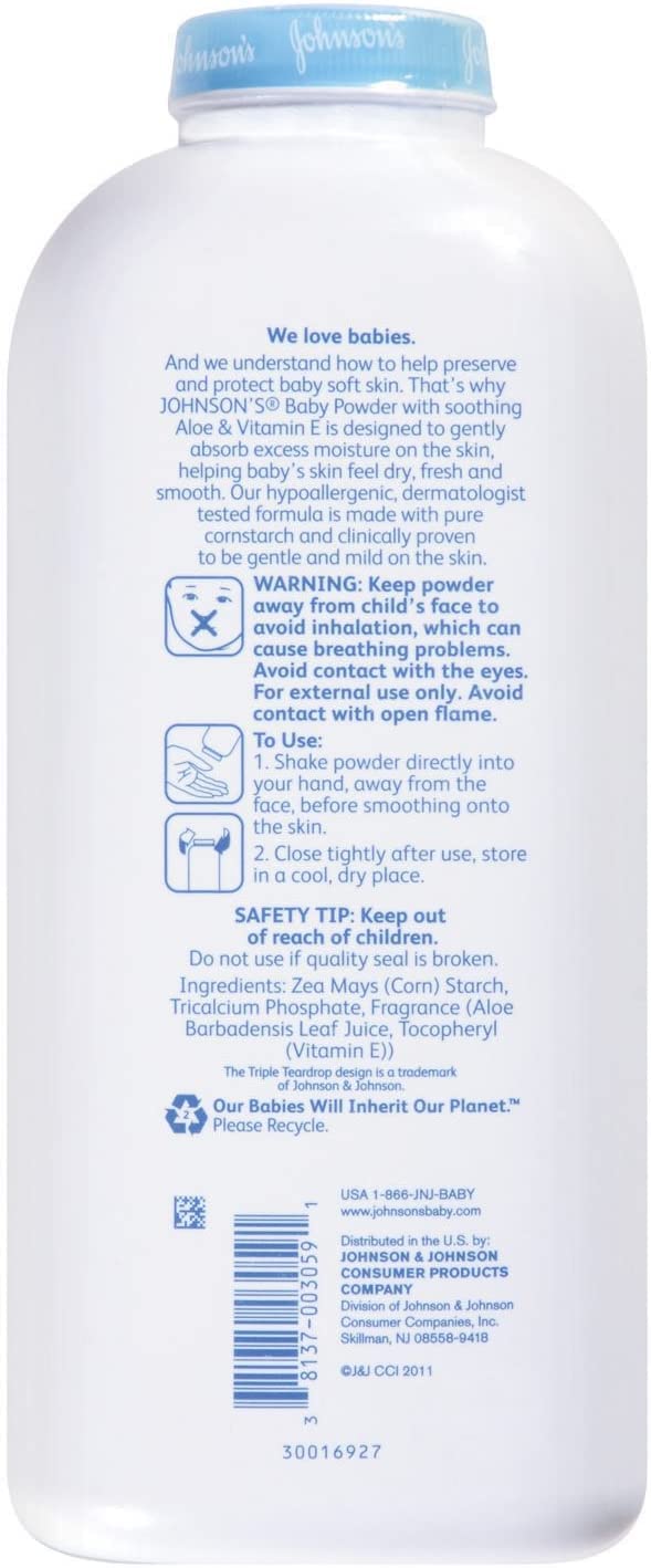 Johnson's Baby Powder with Naturally Derived Cornstarch, Aloe & Vitamin E, 22 oz, 3 Pack