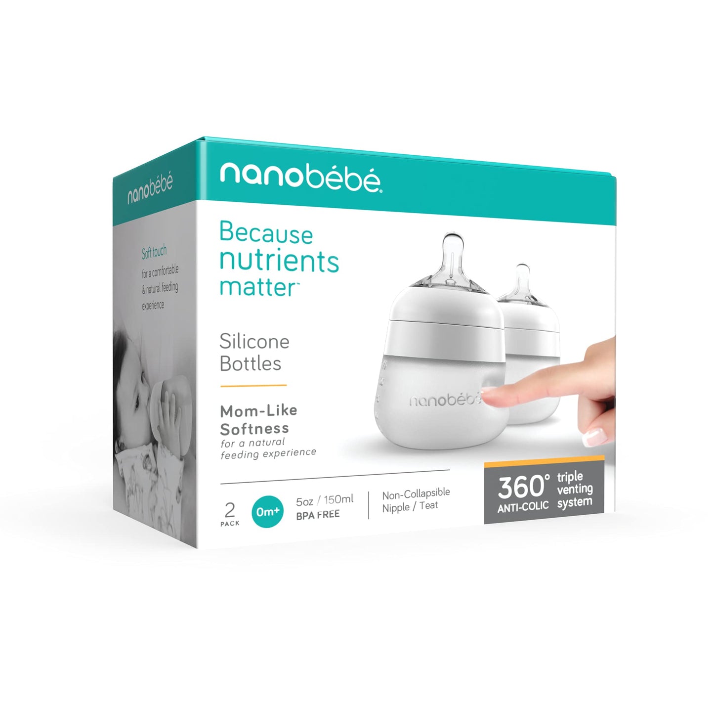 Nanobébé Flexy Silicone Baby Bottle, Anti-Colic, Natural Feel, Non-Collapsing Nipple, Non-Tip Stable Base, Easy to Clean, 3-Pack, Gray, 9oz