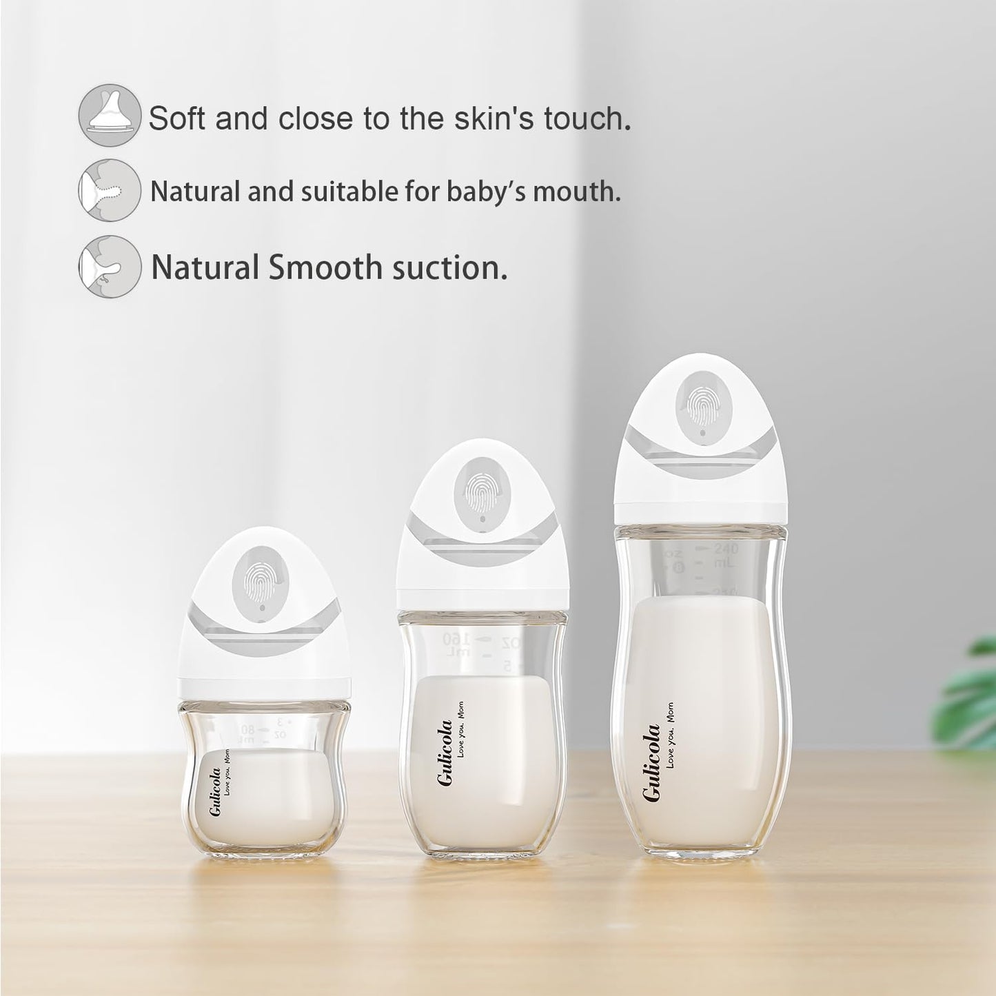 Natural Glass Baby Bottle for Breastfeeding Babies, Newborn Anti-Colic Bottle Set with Slow Flow Nipple, 0-3 Months, 5 oz, 2 Pack - White