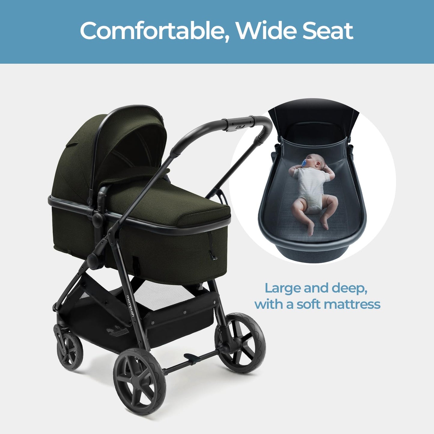 Mompush Wiz 2-in-1 Convertible Baby Stroller with Bassinet Mode, Foldable Infant Stroller with Reversible Seat and Large UPF 50+ Canopy