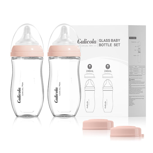 Natural Glass Baby Bottle for Breastfeeding Babies, Newborn Anti-Colic Bottle Set with Slow Flow Nipple, 0-3 Months, 5 oz, 2 Pack - White