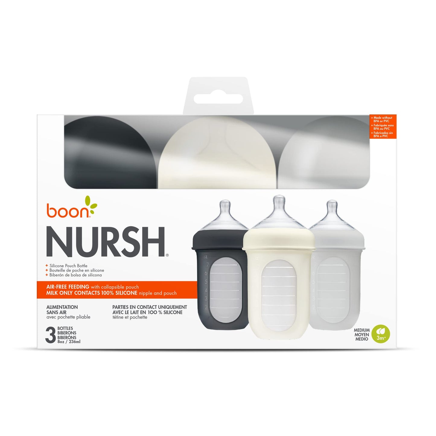 Boon Nursh Reusable Silicone Pouch Baby Bottles - Medium Flow Nipple - Silicone Baby Bottle Pouch and Nipple - Baby Feeding Essentials - Pink - 3-6 Months - 3 Count - 8 Ounce