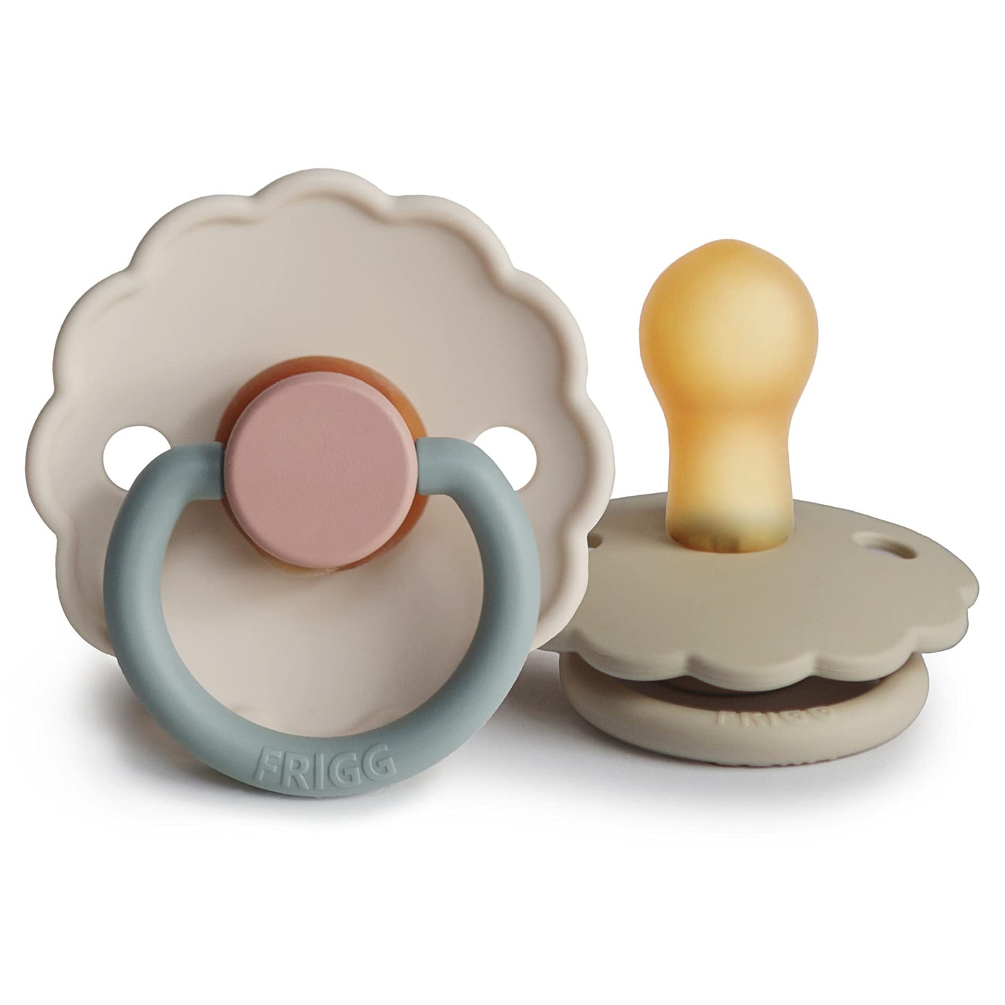 FRIGG Daisy Natural Rubber Baby Pacifier | Made in Denmark | BPA-Free (Aurora/Bright White, 0-6 Months) 2-Pack
