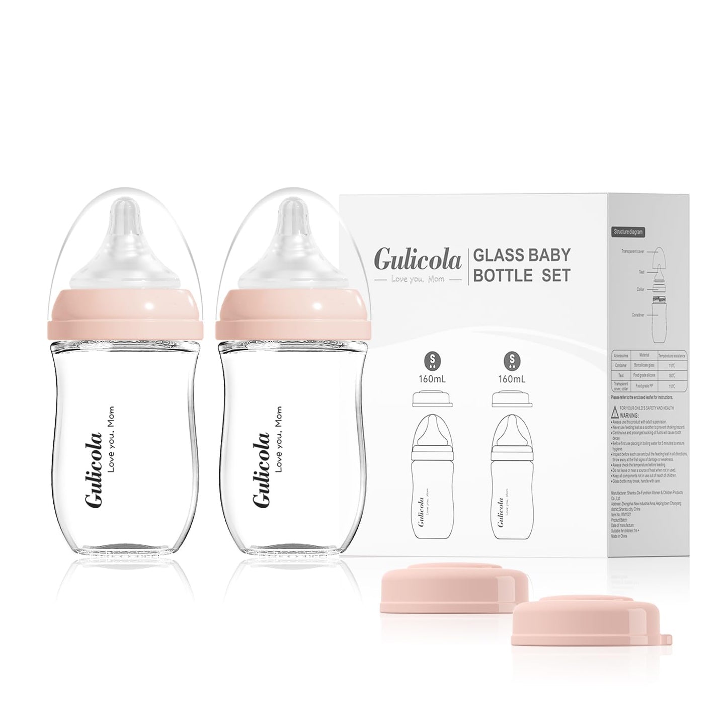 Natural Glass Baby Bottle for Breastfeeding Babies, Newborn Anti-Colic Bottle Set with Slow Flow Nipple, 0-3 Months, 5 oz, 2 Pack - White