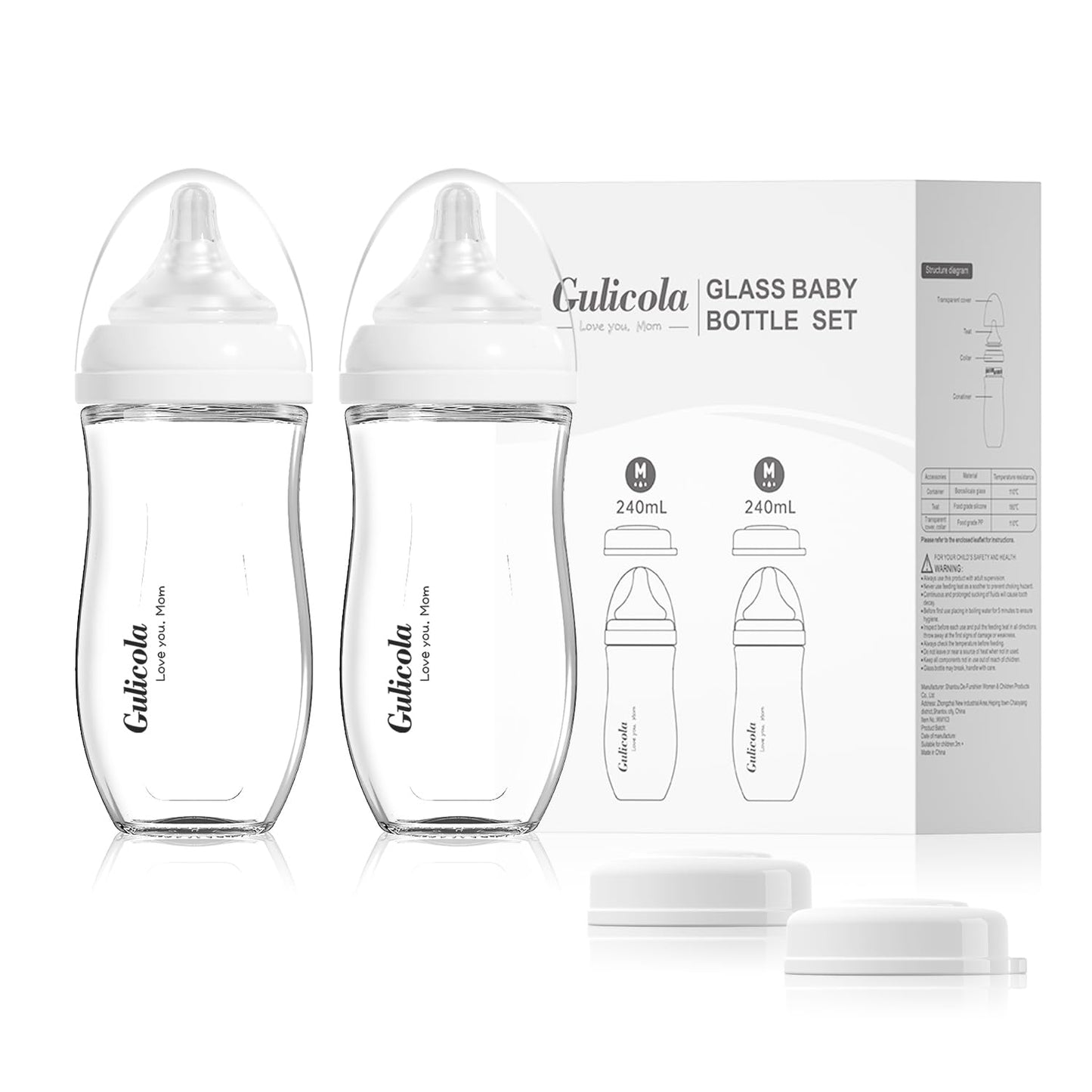 Natural Glass Baby Bottle for Breastfeeding Babies, Newborn Anti-Colic Bottle Set with Slow Flow Nipple, 0-3 Months, 5 oz, 2 Pack - White