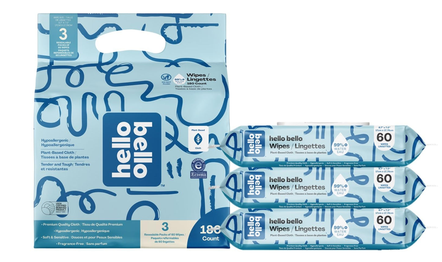 Hello Bello Extra Gentle Unscented Baby Wipes, Plant Based, Made with 99% Water and Aloe for Babies and Kids, 720 Count