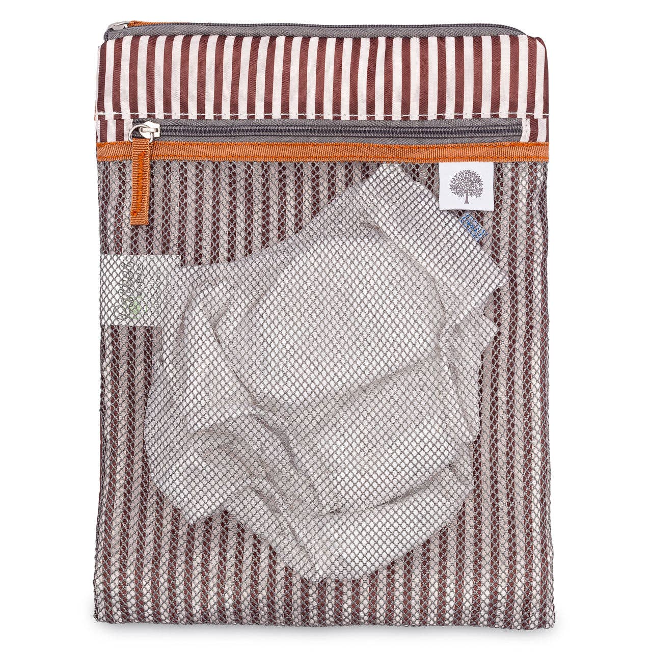 Striped storage bag with clear mesh section showing folded clothes.