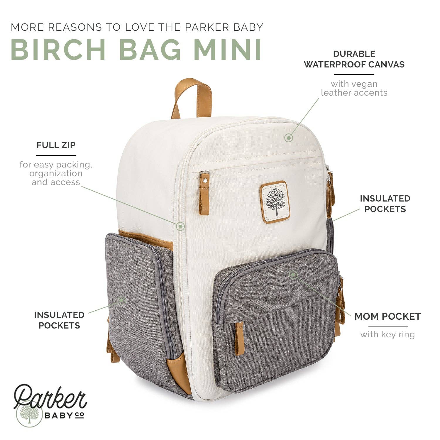 Backpack with white and gray compartments and product features highlighted.