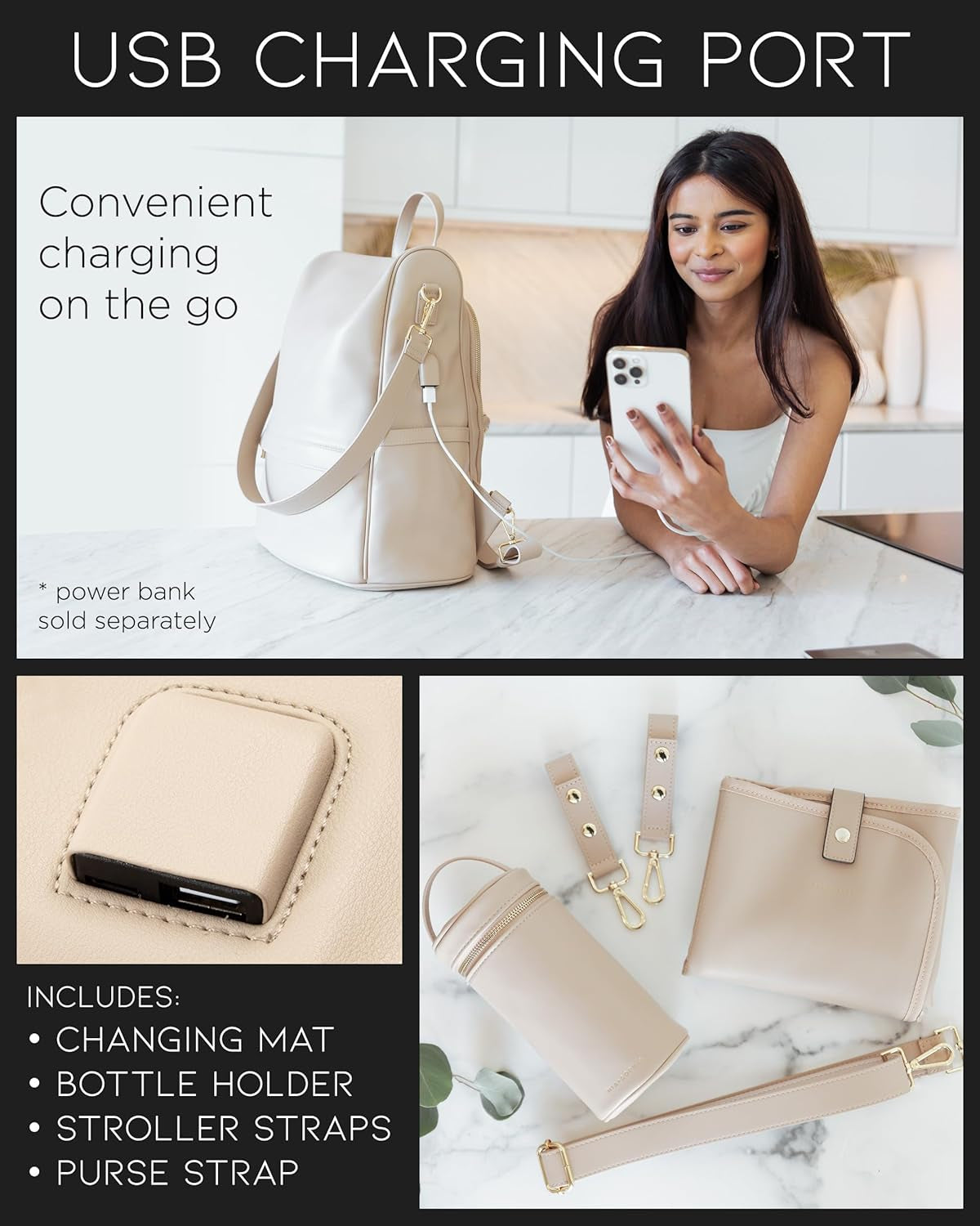 Leather Diaper Bag Backpack with USB Charging Port, Changing Pad, Stroller Straps, and Bottle Holder (Beige Mia)