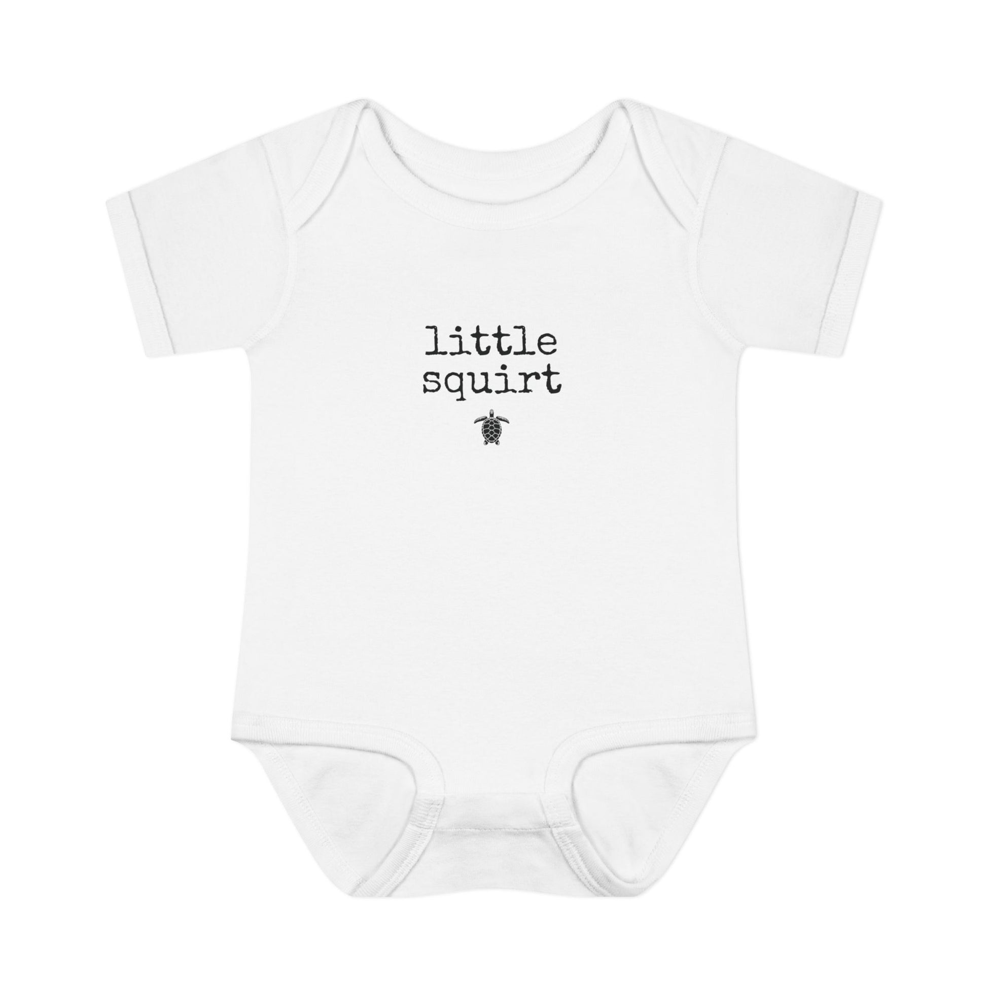 White baby onesie with 'little squirt' text on a white background