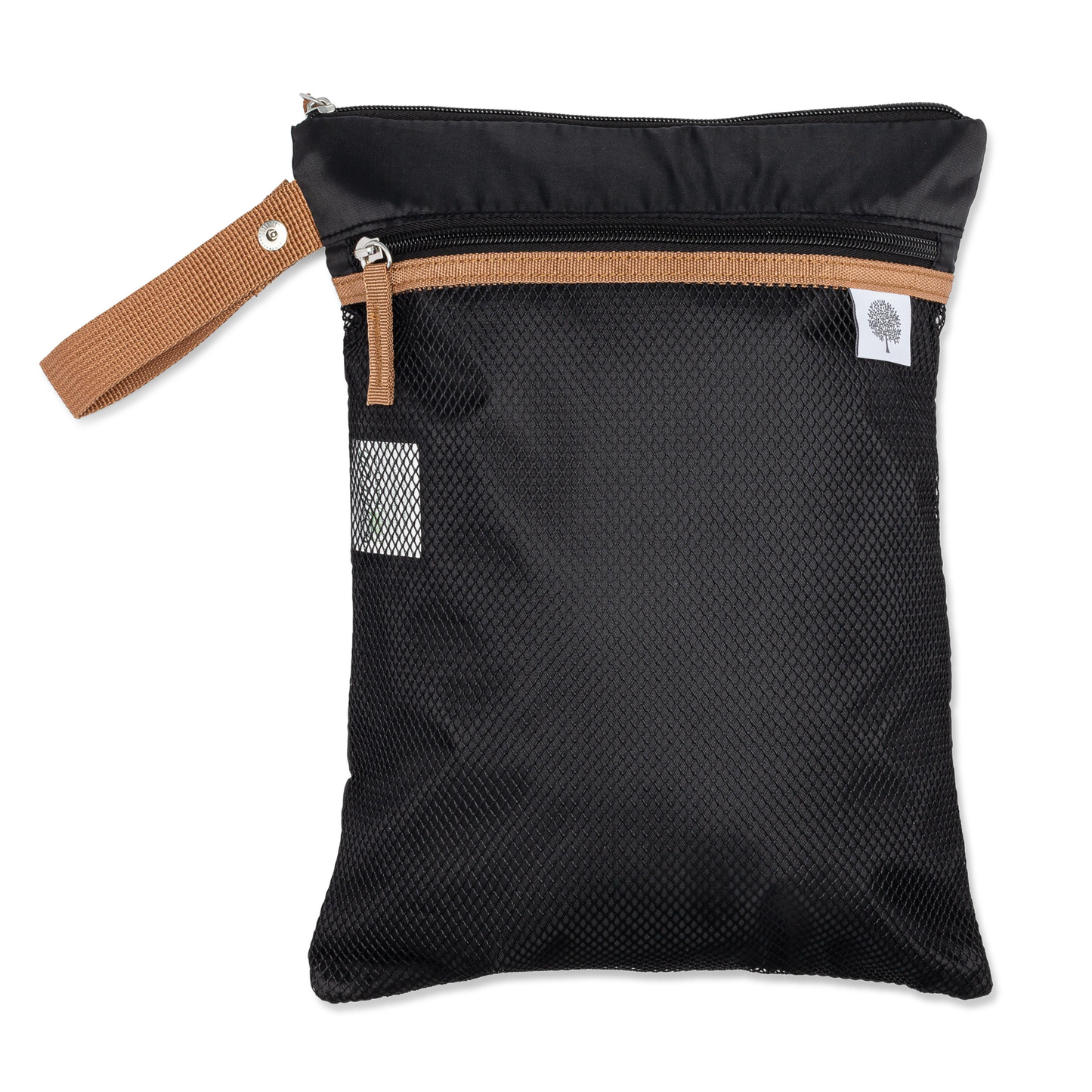 Black mesh bag with brown strap on white background