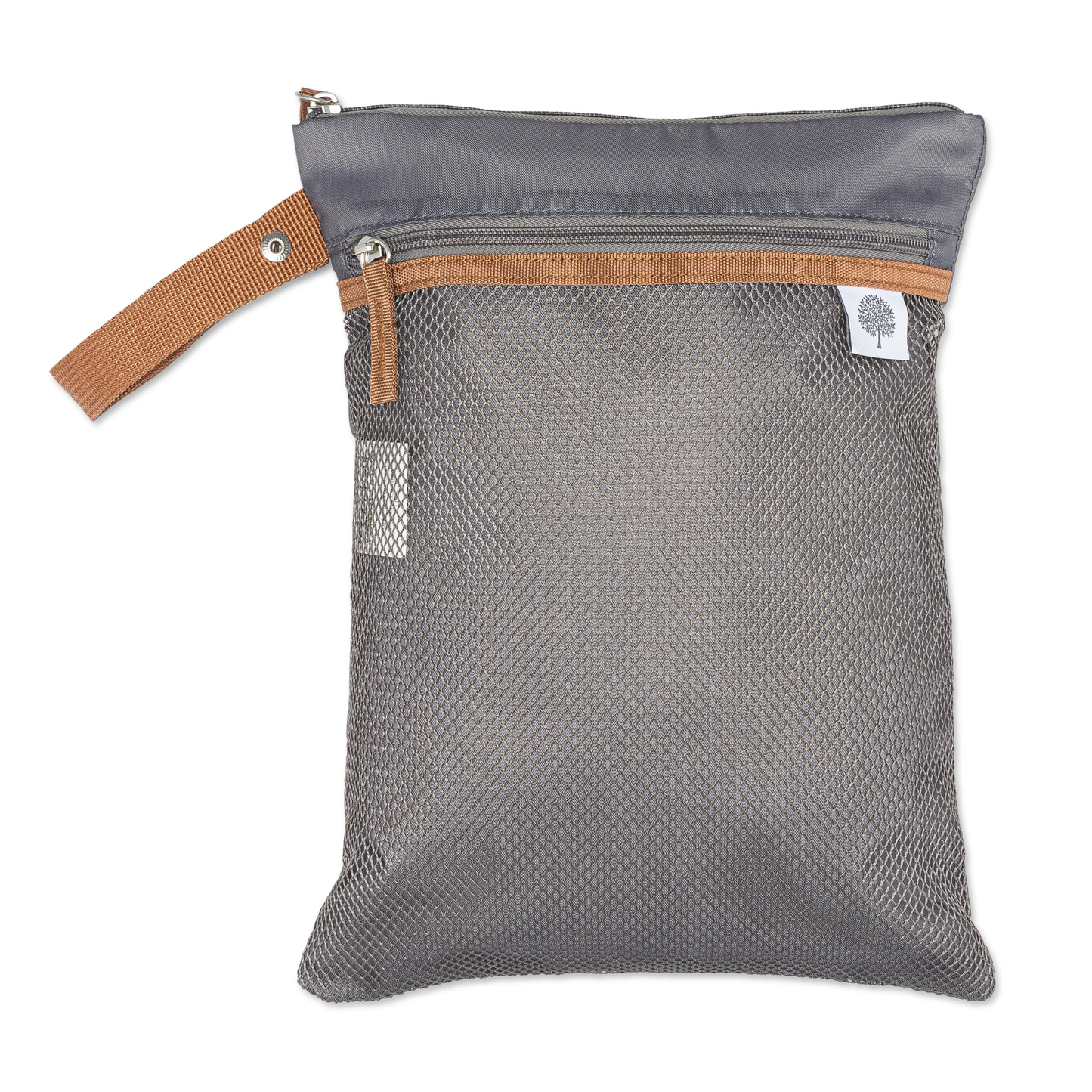 Gray mesh bag with brown zipper and handle on a white background