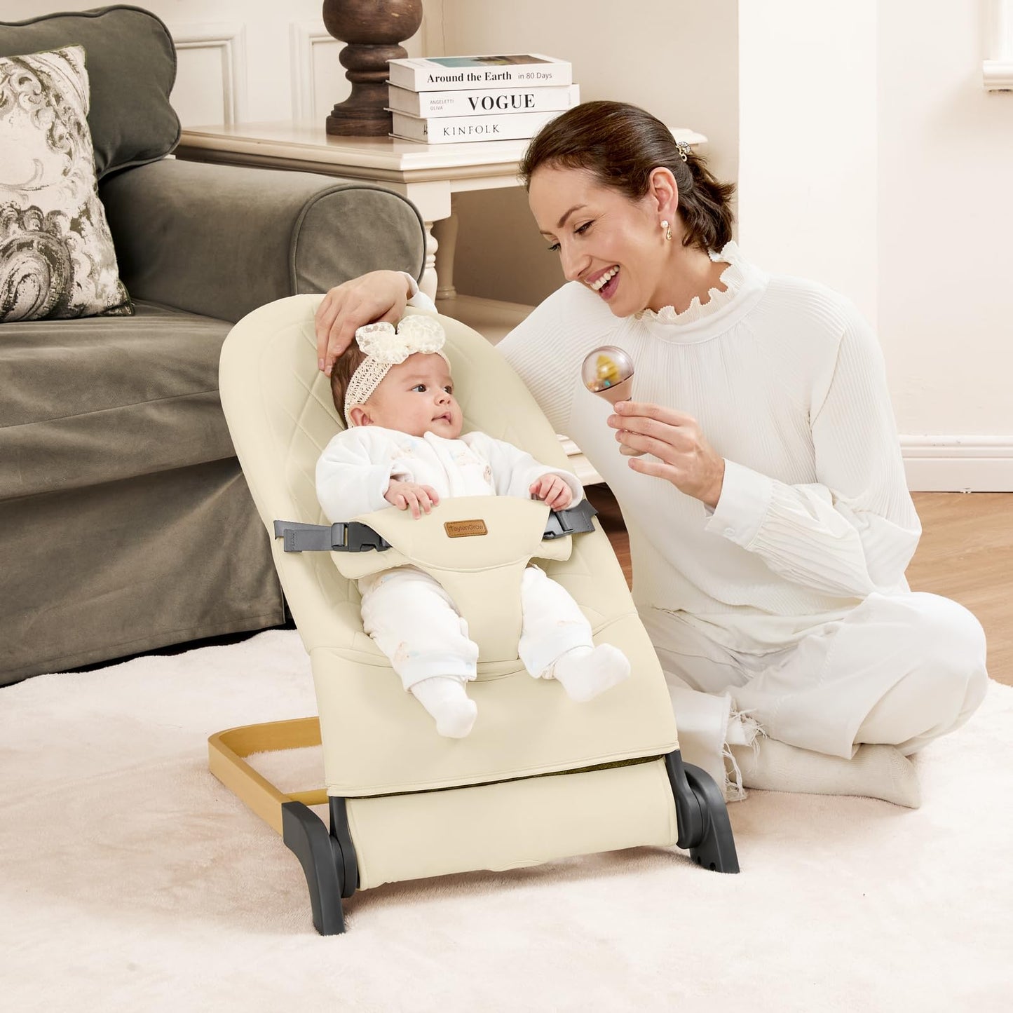 Foldable Baby Bouncer, Baby Seat with 3 Adjustable Heights, Portable Newborn Rocker