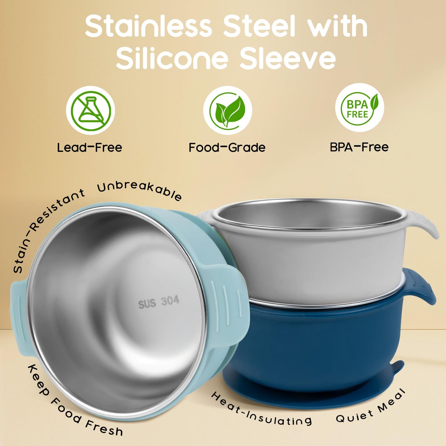 Bella's Friends Stainless Steel and Silicone Baby Bowls with Suction 3 Pack, 4.3”