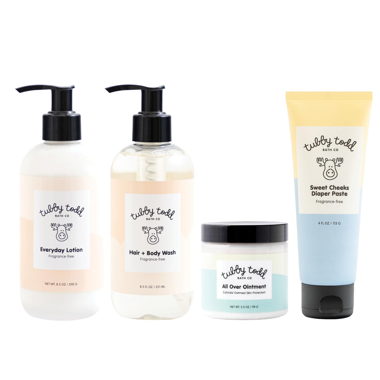 TUBBY TODD Baby Bundle Newborn Skin Care Set - Hypoallergenic Hair + Body Wash, All Over Ointment with Colloidal Oatmeal, Sweet Cheeks Diaper Paste - Fragrance Free, Standard Size