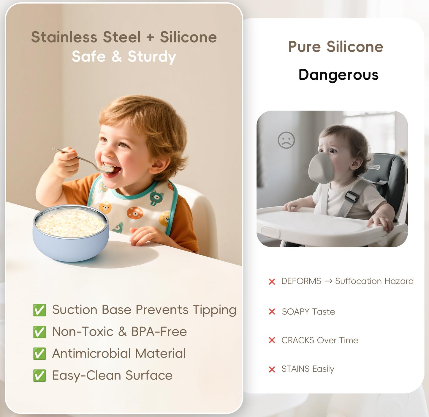 Bella's Friends Stainless Steel and Silicone Baby Bowls with Suction 3 Pack, 4.3”